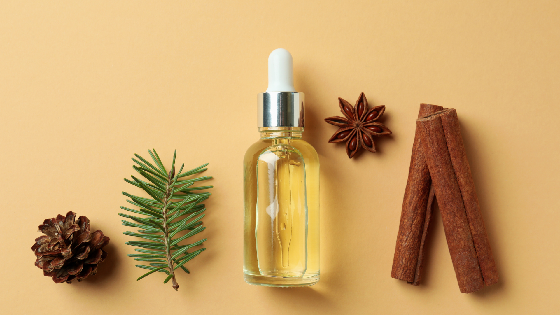 pomme de pin, sapin, anis étoilé et cannelle autour d'une huile végétale, sur un fond neutre